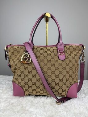 Gucci Heart bit Pink Leather-Trimmed GG Canvas Tote